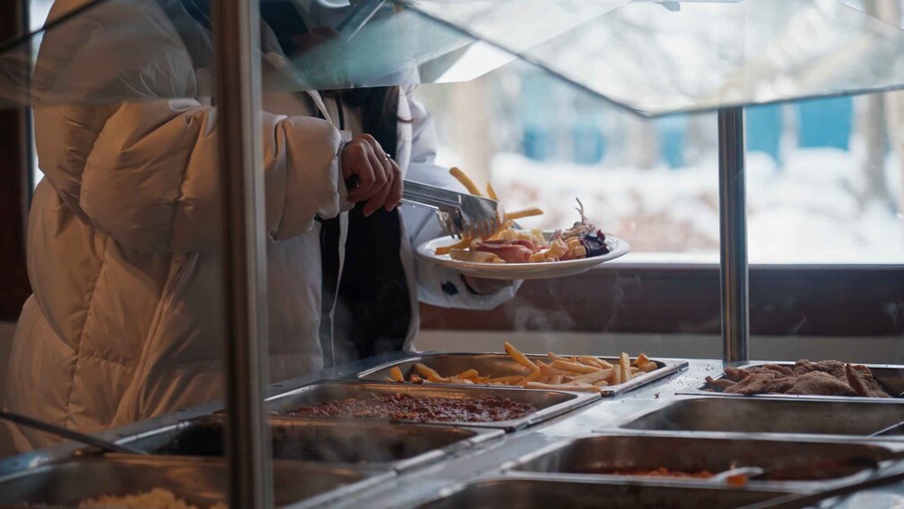 A person serving themselves french fries and a plate of food at a food stall. 3