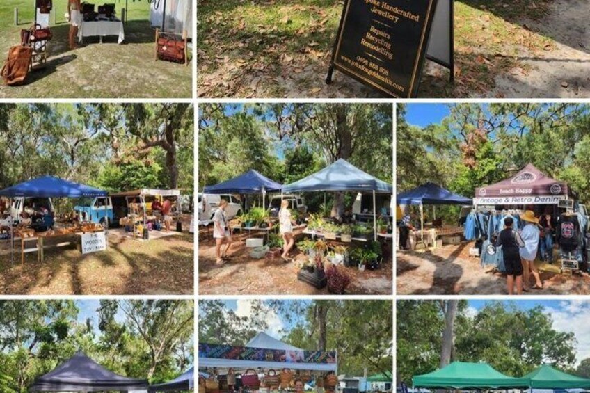 A series of outdoor market stalls with various items for sale. 4