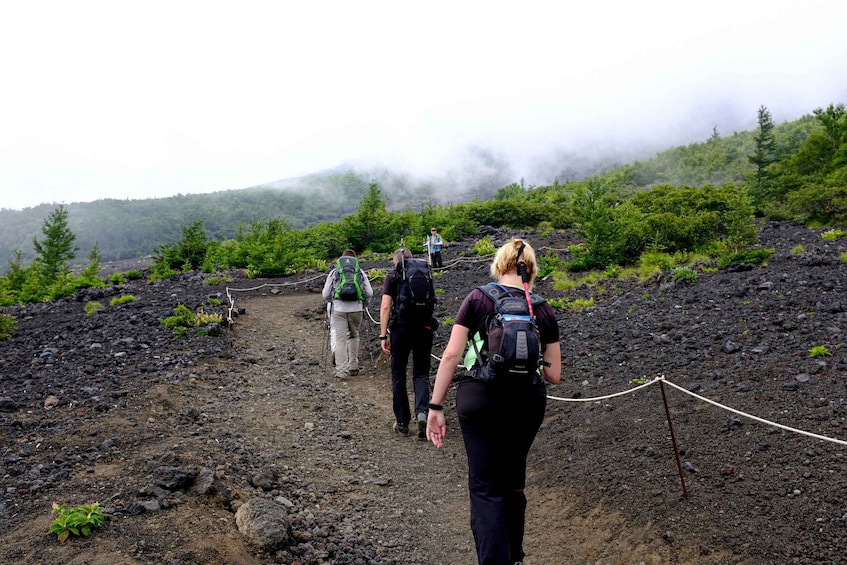 Hikers on a rocky trail with greenery and a misty mountain in the background. 3