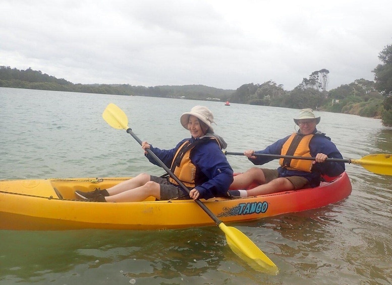 Two people kayaking on a calm river. 1