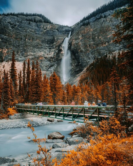 A waterfall cascading down a rocky cliff, surrounded by autumn-colored trees and a bridge with people walking on it. 1