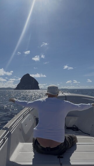 A person on a boat with a mountainous island in the background. 2
