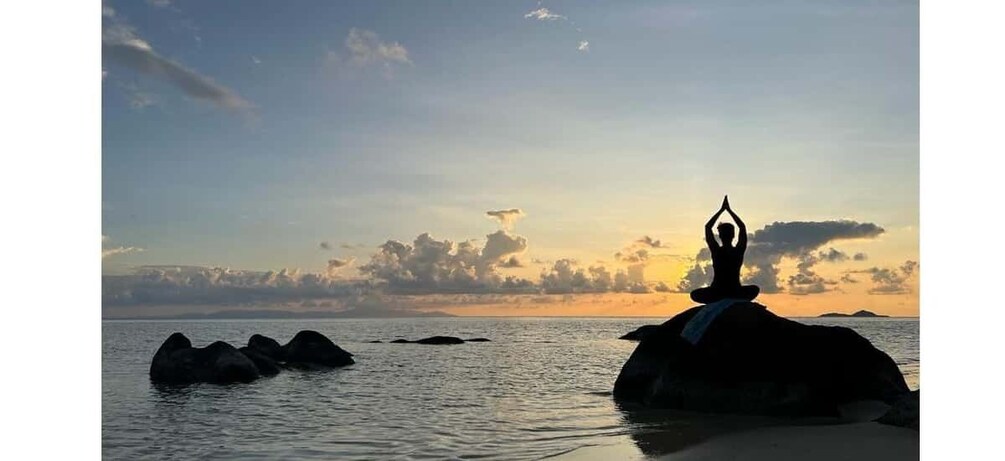 A person meditating on a rock by the sea during sunset. 1