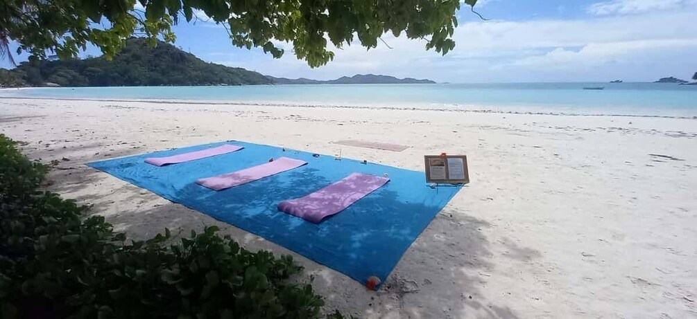 A beach with yoga mats laid out on a blue mat, a sign, and a clear view of the ocean and hills in the background. 5