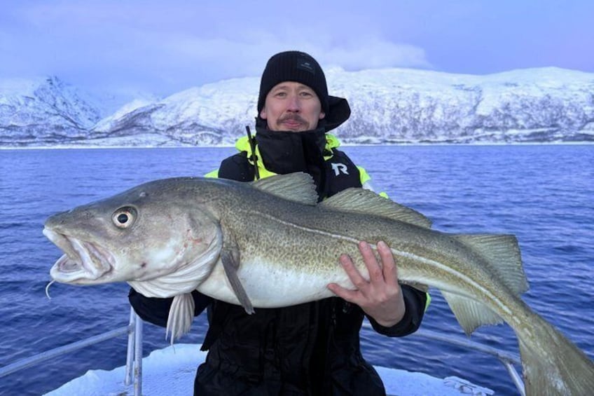 A person holding a large fish on a boat with a snowy landscape in the background. 1