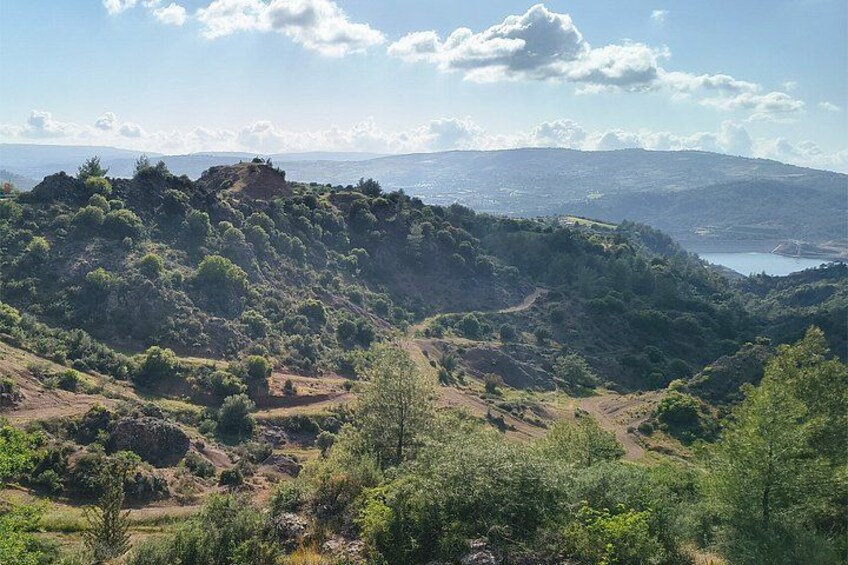 A mountainous landscape with dense greenery, a clear sky, and a distant body of water. 5