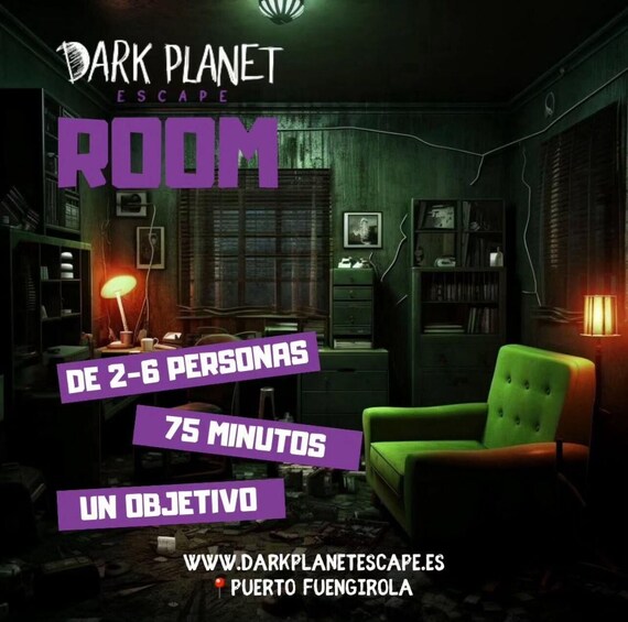 A dark, moody room with vintage furniture, a green armchair, and a desk with a lamp. Text indicates a game called 'Dark Planet Escape Room' with 2-6 players, 75 minutes duration, and one objective. 2