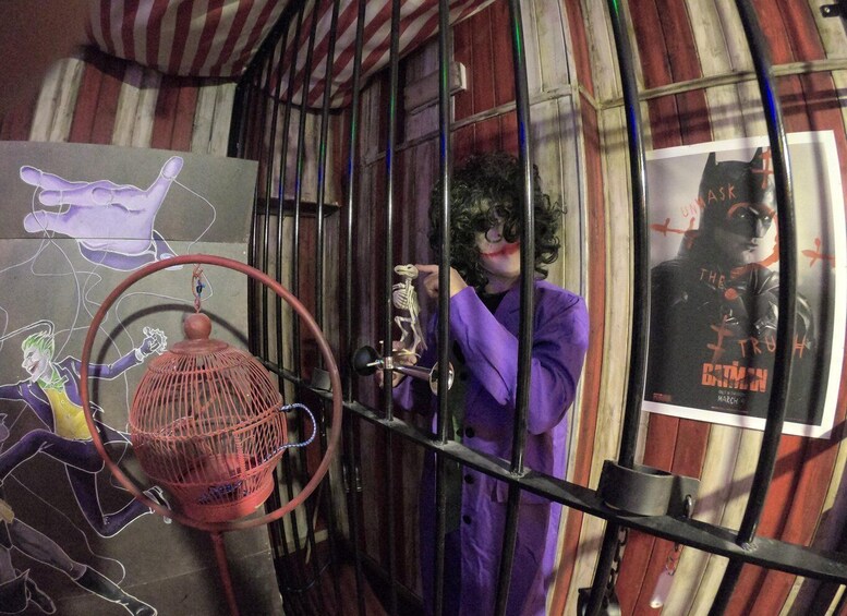 A person in a purple costume behind bars, a poster of a masked character, and a red birdcage. 3
