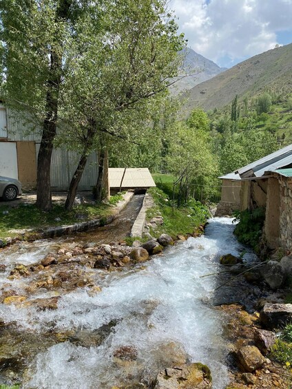 A flowing river, a tree, and a building in a mountainous area. 5