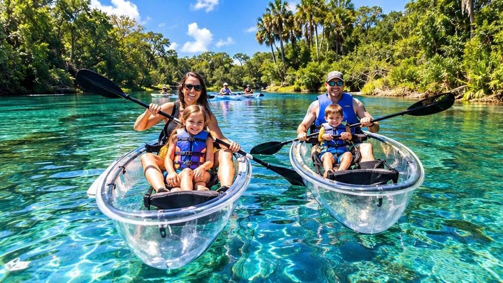 Two people kayaking on clear blue water surrounded by lush greenery. 1
