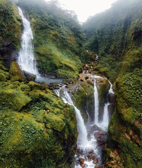 A multi-tiered waterfall surrounded by lush greenery. 4
