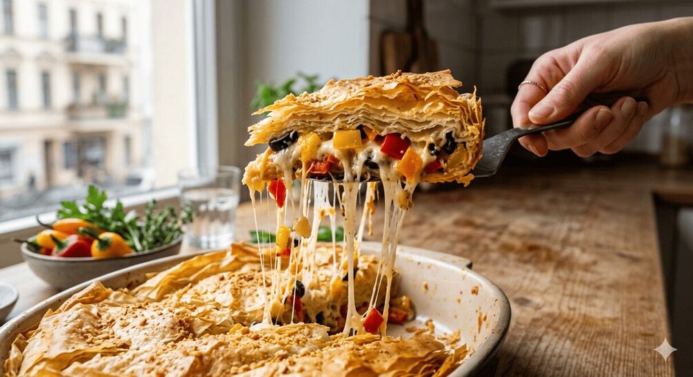 A person lifting a layered dish with cheese and vegetables. 1
