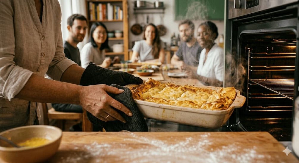 A person holding a baking dish with a golden-brown baked dish, possibly lasagna, in a kitchen with an oven in the background. 2