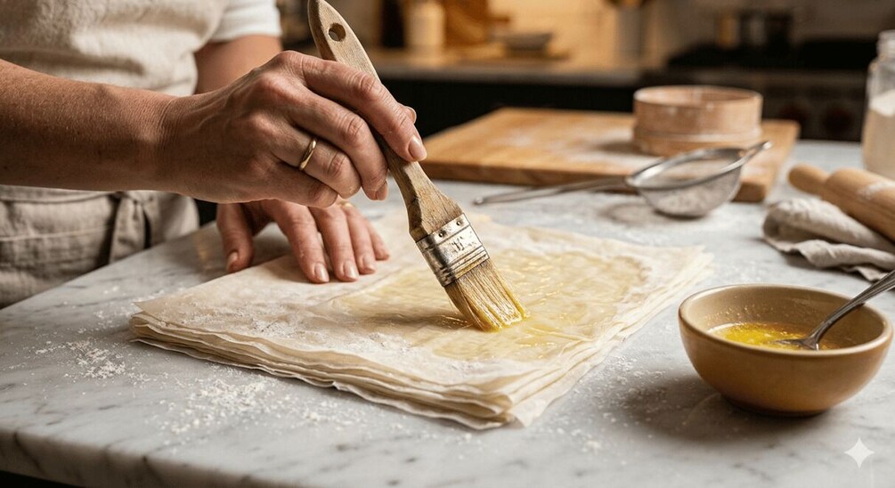 A person brushing a thin layer of batter onto a stack of dough on a marble countertop. 3
