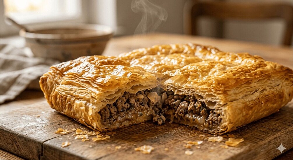 A pastry with flaky layers, steam rising from it, and crumbs scattered on a wooden surface. 2
