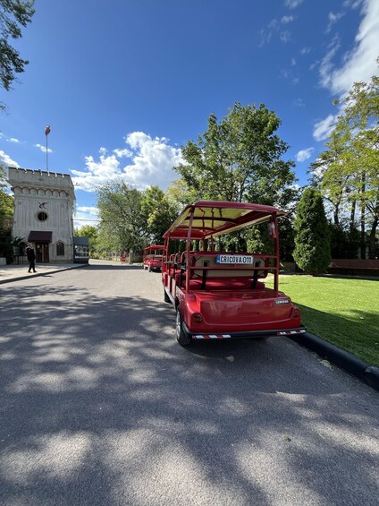A red trolley with a license plate 'CRICOVA 011' parked on a road, with a building and trees in the background. 4