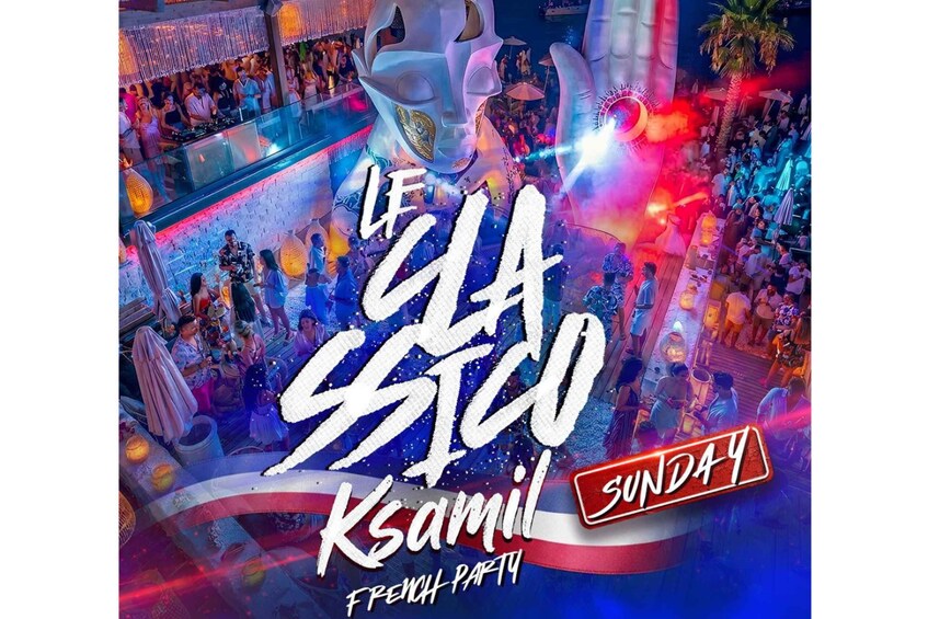 A crowded indoor event with a large illuminated sign reading 'LE GA STICO Ksamil SUNDAY 4' and 'FRENCH PARTY'. 1