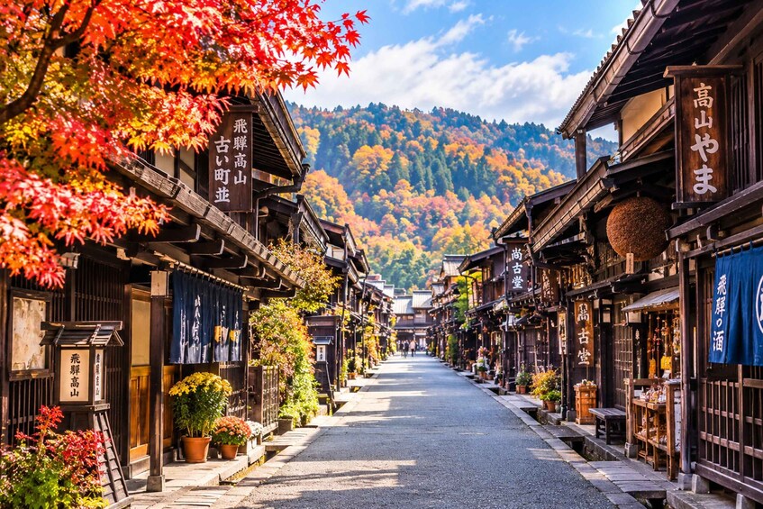 A traditional Japanese street lined with wooden buildings and autumn foliage. 2