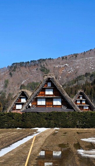 A traditional wooden house with thatched roofs, surrounded by a snowy landscape and a clear blue sky. 3