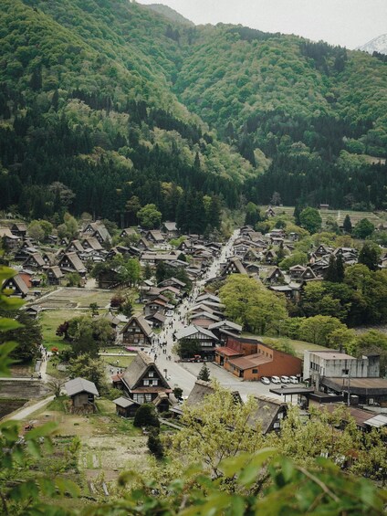 A traditional village nestled in a valley with dense forested hills in the background. 4
