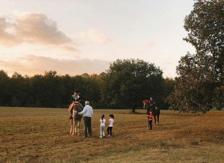 A group of people in a field with horses, a tree, and a sunset. 2