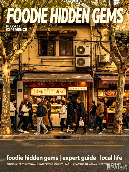 A street scene with pedestrians, a building with signage, and a tree-lined sidewalk. 1