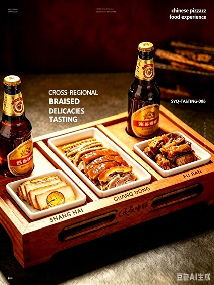 A wooden tray with various Chinese braised delicacies and two bottles of beer. 2