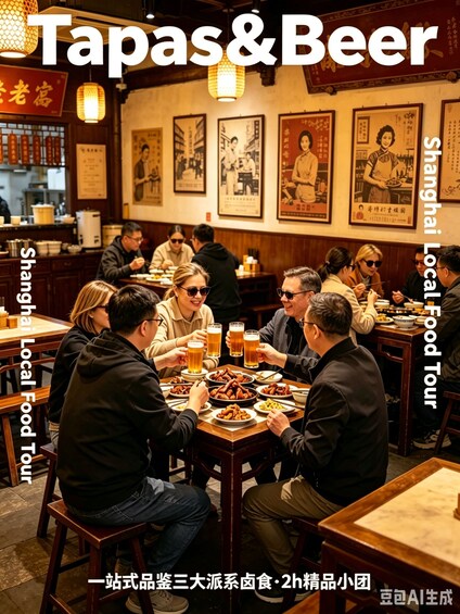 A group of people dining in a restaurant with traditional decor and signage in a foreign language. 3
