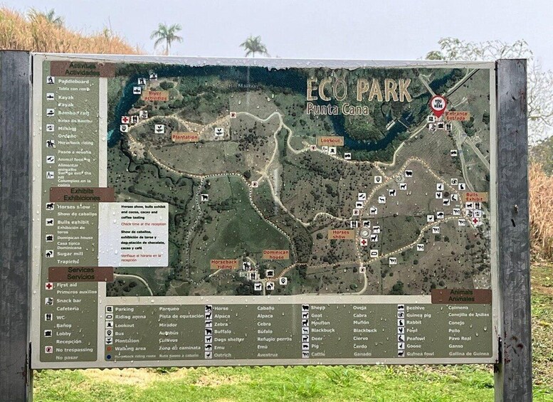 En karta över Eco Park Punta Cana med information om aktiviteter som paddling, kajakpaddling och ridning. 5