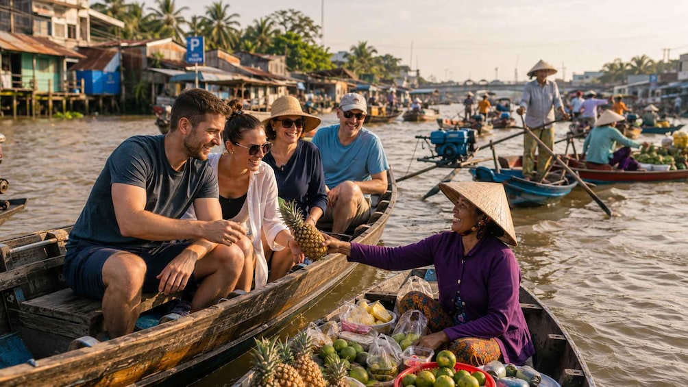People on a boat with a vendor selling fruits. 1