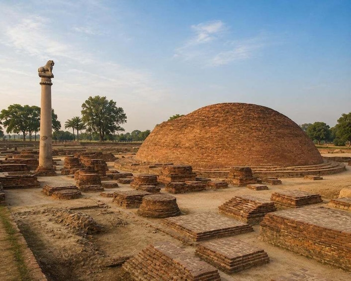 Ancient ruins with a large dome and a lion statue. 2