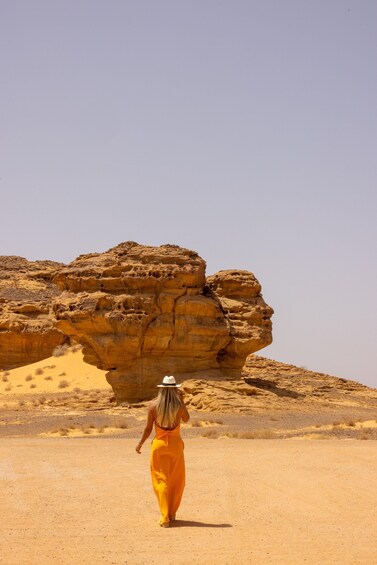A person in a desert landscape with a large rock formation. 5