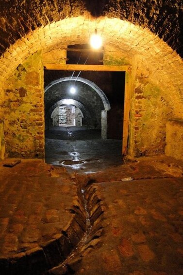 An underground stone passageway with a single light source at the end. 3