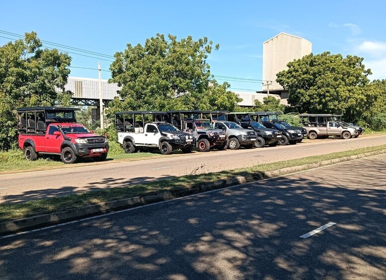 A row of off-road vehicles parked along a roadside with trees and buildings in the background. 2