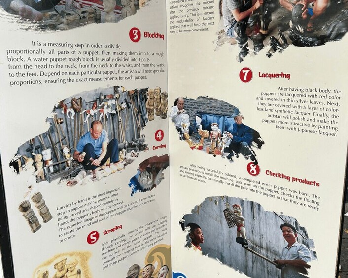 A detailed process of puppet-making, including steps like blocking, carving, and lacquering. 3