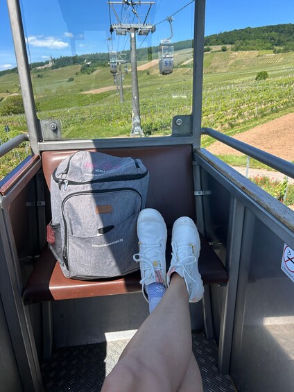 A person seated with a backpack and white sneakers on a tram, overlooking a vineyard and hills. 3