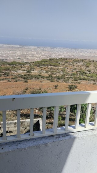 A balcony overlooking a cityscape with sparse vegetation and distant buildings. 4