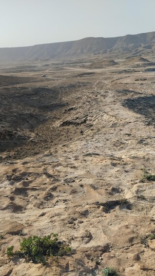 A barren desert landscape with sparse vegetation and distant hills. 3