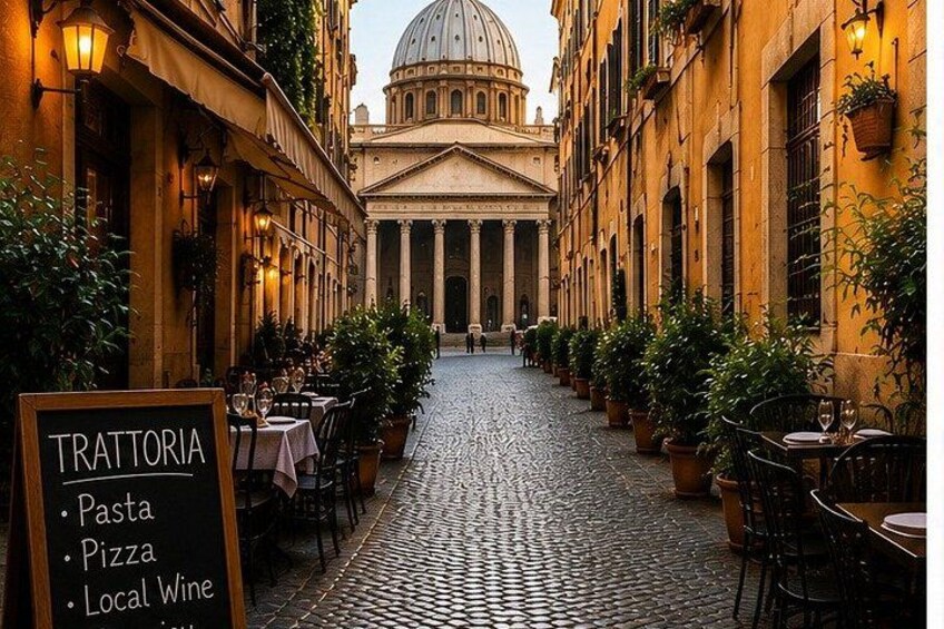 A cobblestone street lined with outdoor tables and chairs, a signboard listing menu items, and a classical building with a dome in the background. 1