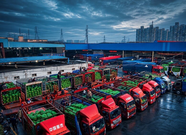 A busy cargo loading area with trucks and containers. 2