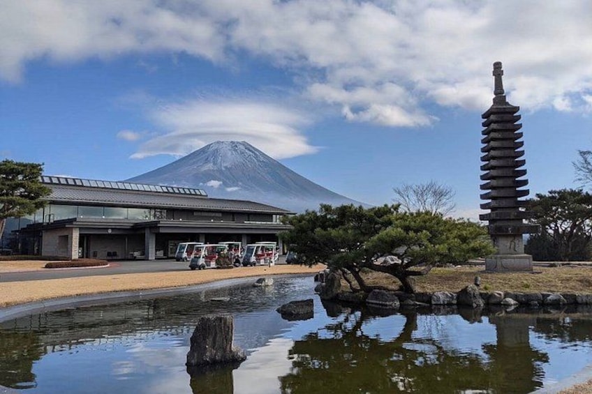 A building with a pagoda, a mountain, and a pond with a tree in the foreground. 5