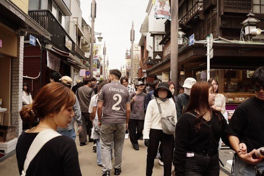 A crowded street with people walking, shops on either side, and traditional architecture. 4