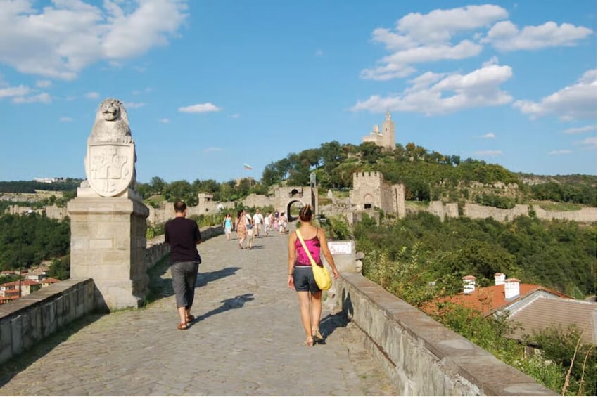 A stone pathway with a lion statue, a castle, and a church on a hill. 5