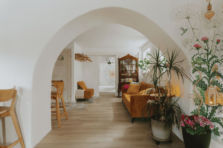 An interior with a wooden floor, a sofa, a chair, a cabinet, and potted plants. 3