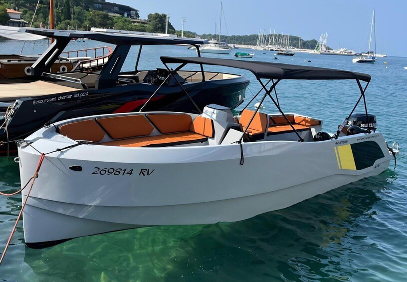 A white motorboat with orange seating and the number 269814 RV docked at a marina with other boats and a clear blue sky in the background. 1