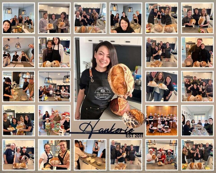 A bakery with multiple people working and holding bread. 1