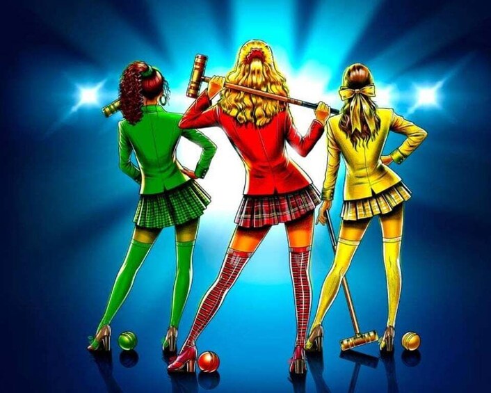 Three characters in colorful outfits with a spotlight effect in the background. 1