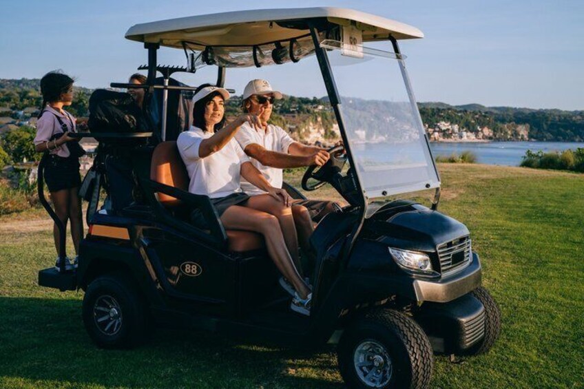 A golf cart with four people on a grassy area near a body of water. 1