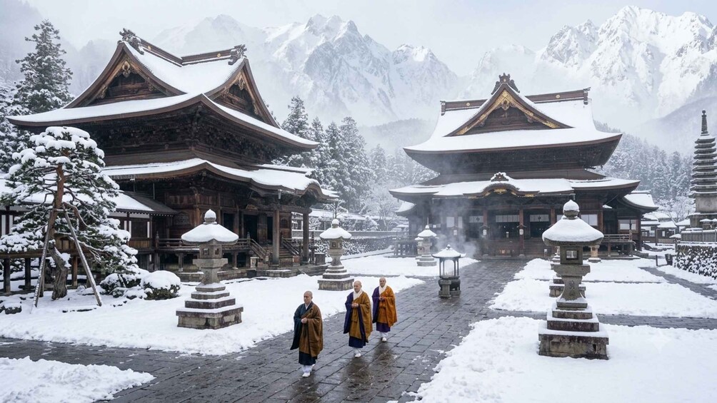 A traditional wooden building with snow-covered roofs, surrounded by snow-covered trees and mountains in the background. 3