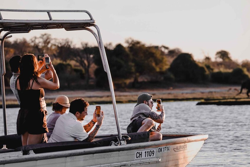 A boat with people taking photos, a person in a black dress, and a man in a white shirt. 2